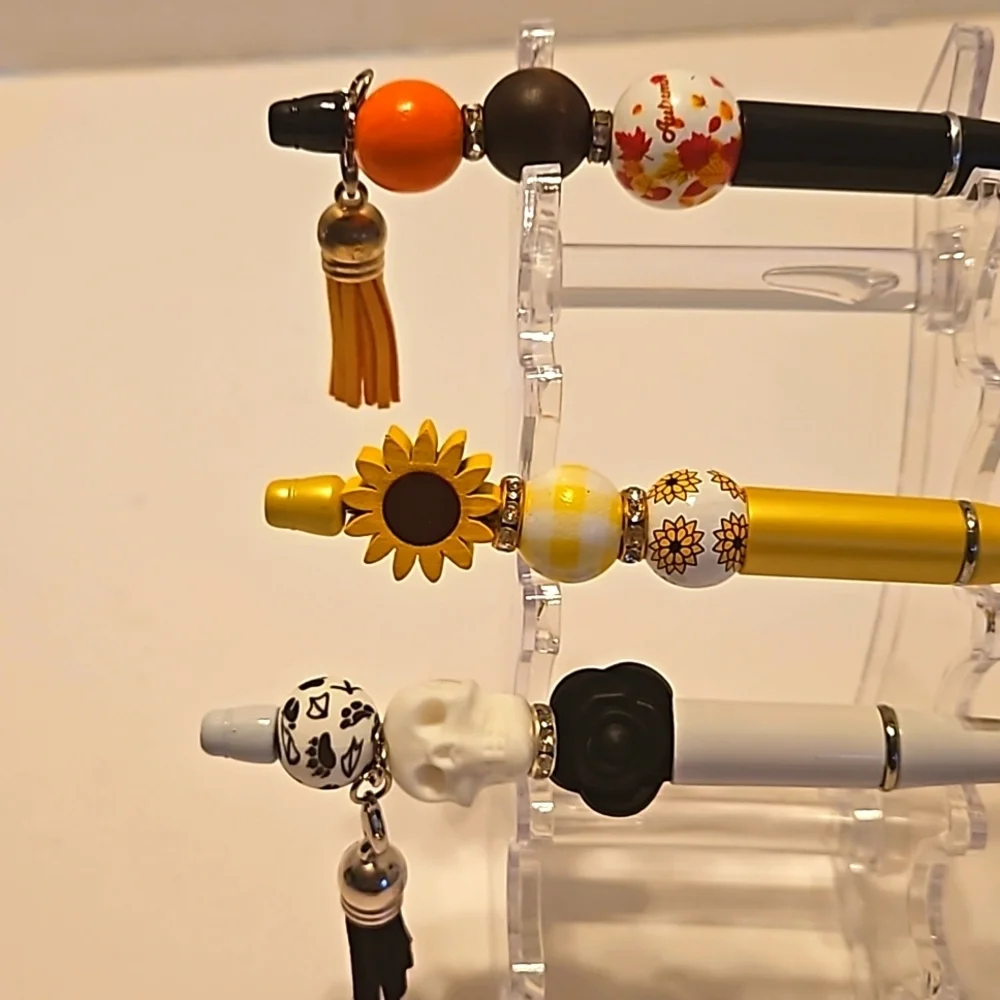 Hand Crafted beaded pens Set of 3 holiday motif handmade halloween fall floral